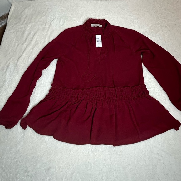 LOFT Burgundy Ruffle Trim Long Sleeve Slit Neck With Tie Blouse. Size XS - Picture 7 of 8